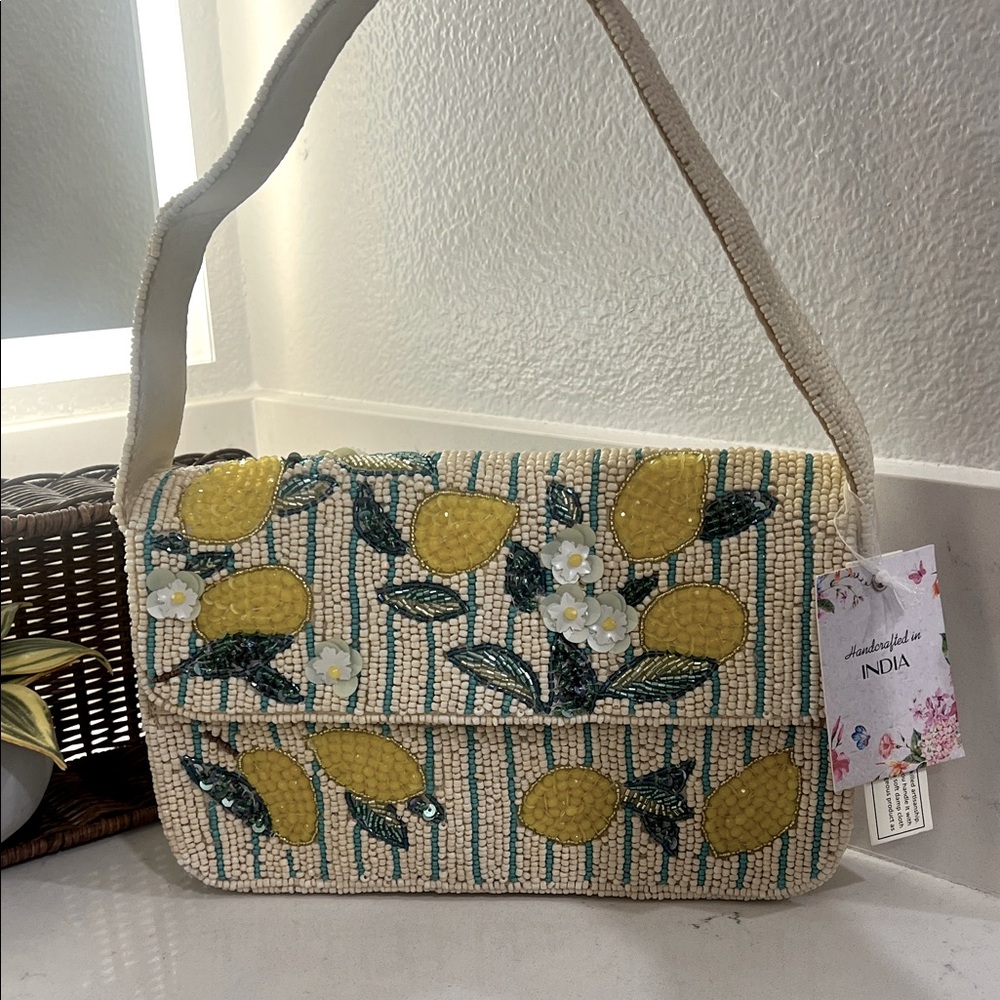 Floral Embroidered lemon beaded Women's Bag NWT